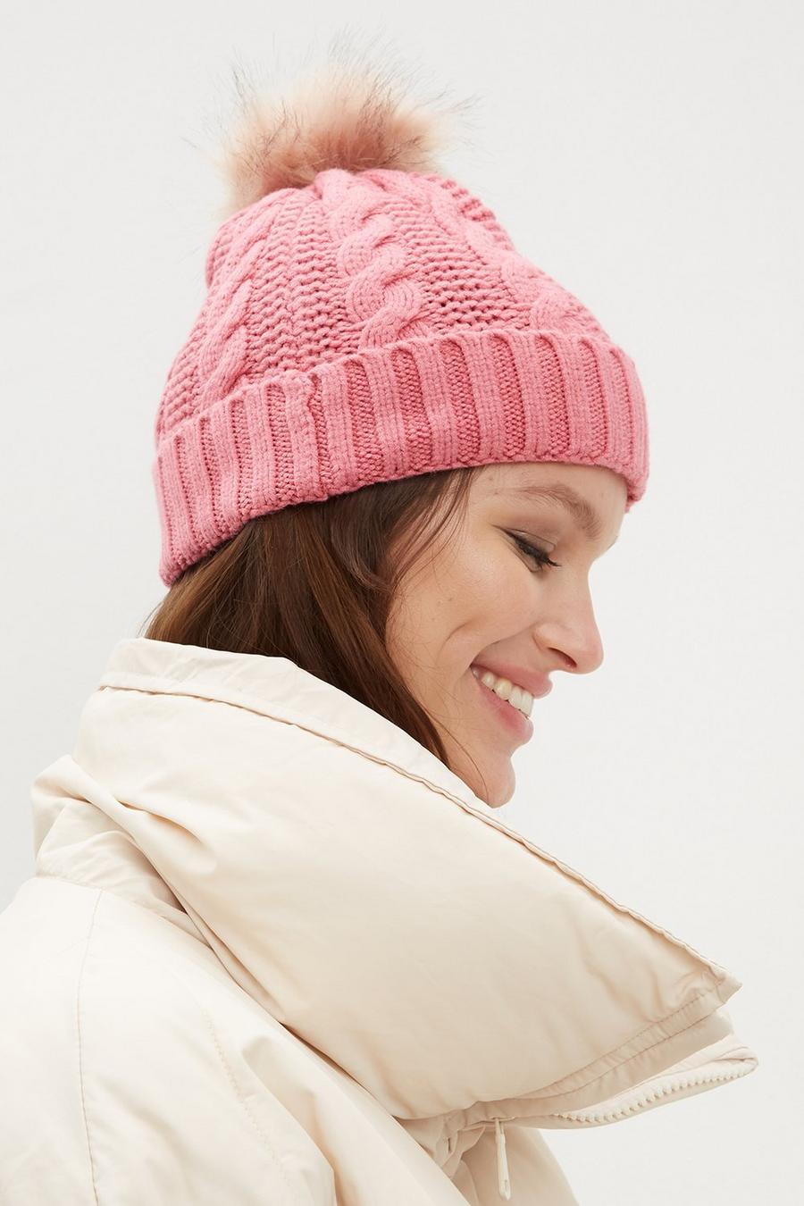 Rose Cable Knit Pom Hat