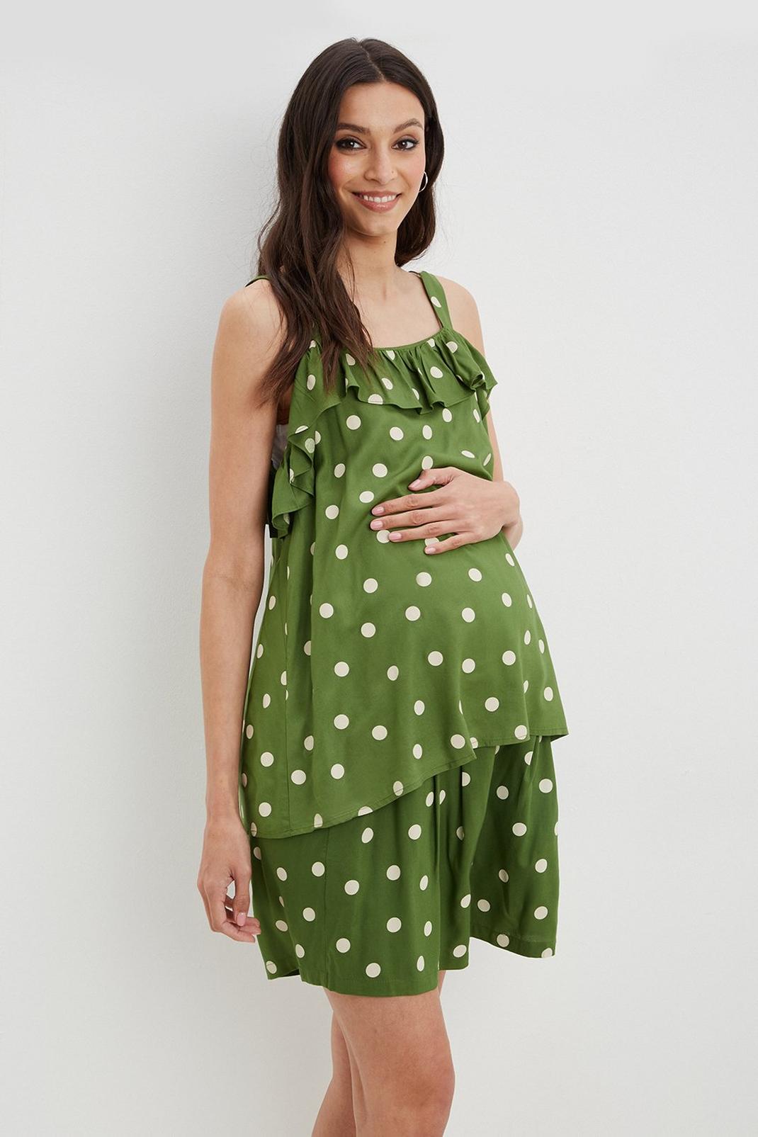 Maternity Khaki Spot Tie Waist Shorts image number 1