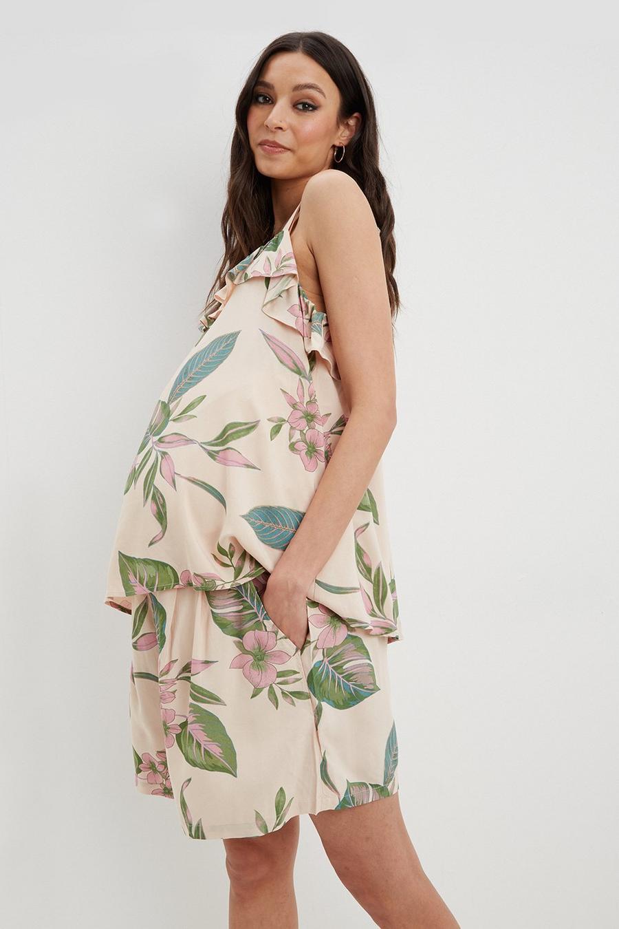 Maternity Palm Print Tie Waist Shorts