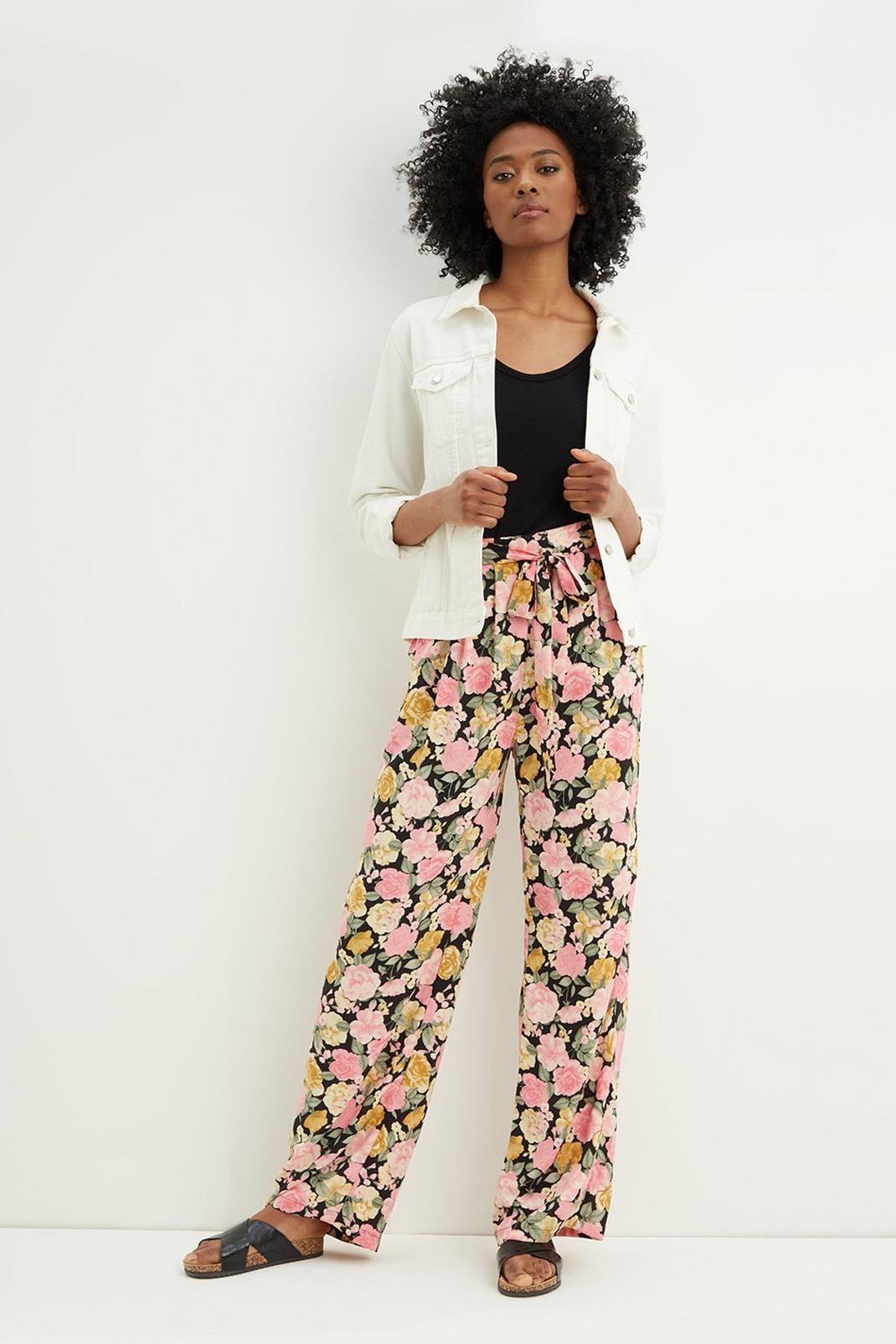 Multi Tall Black Floral Tie Waist Wide Leg Trouser image number 1