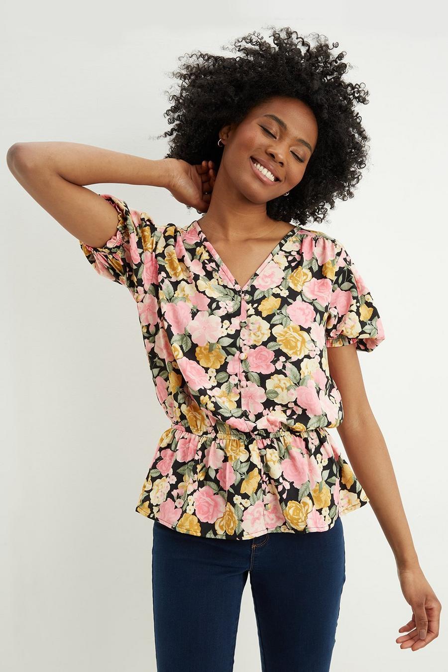 Tall Black Floral Button Front Top