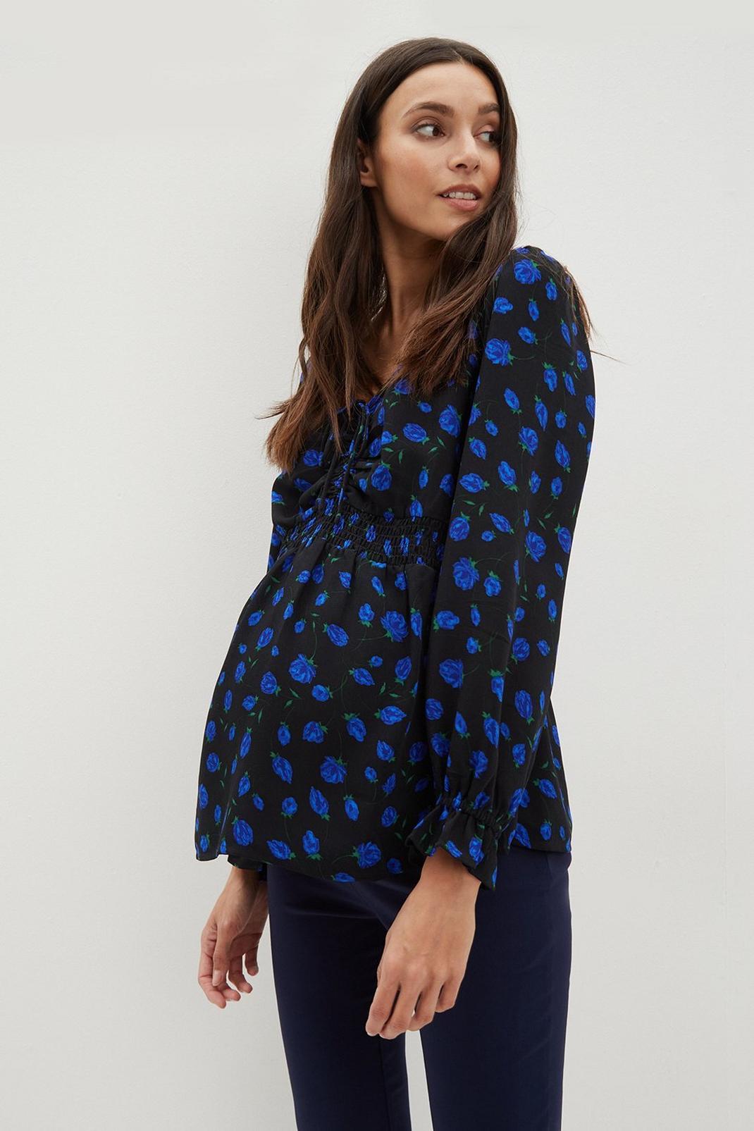 Maternity Blue Rose Shirred Long Sleeve Top image number 1