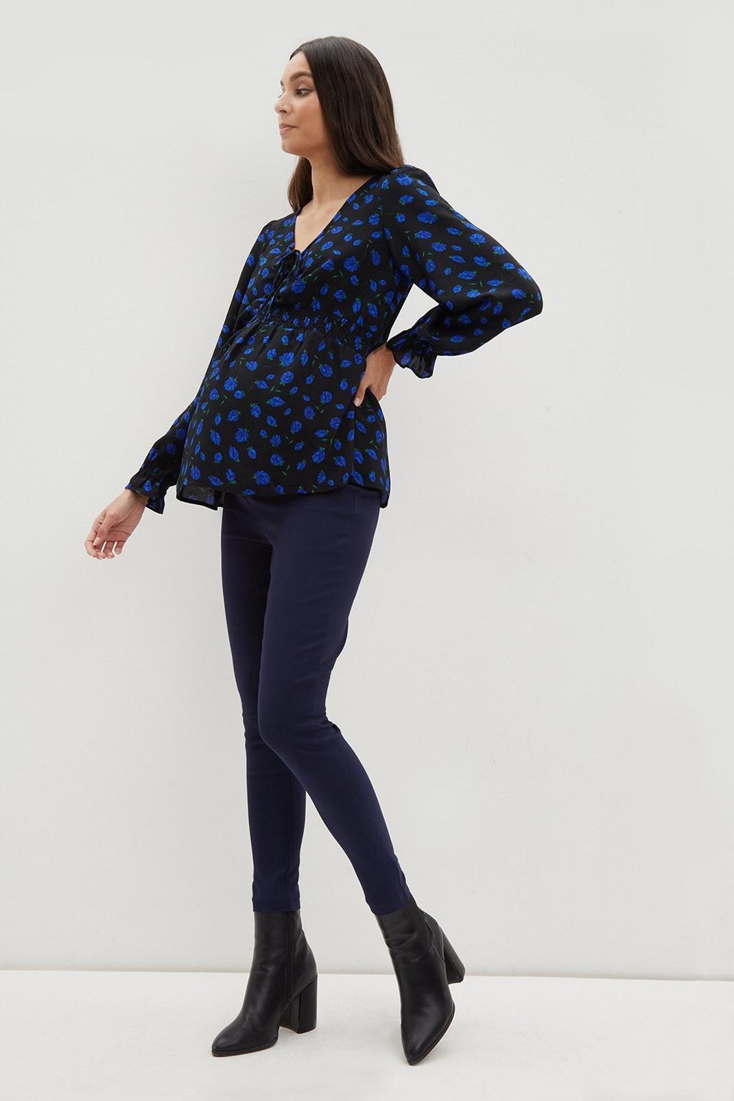 106 Maternity Blue Rose Shirred Long Sleeve Top image number 2