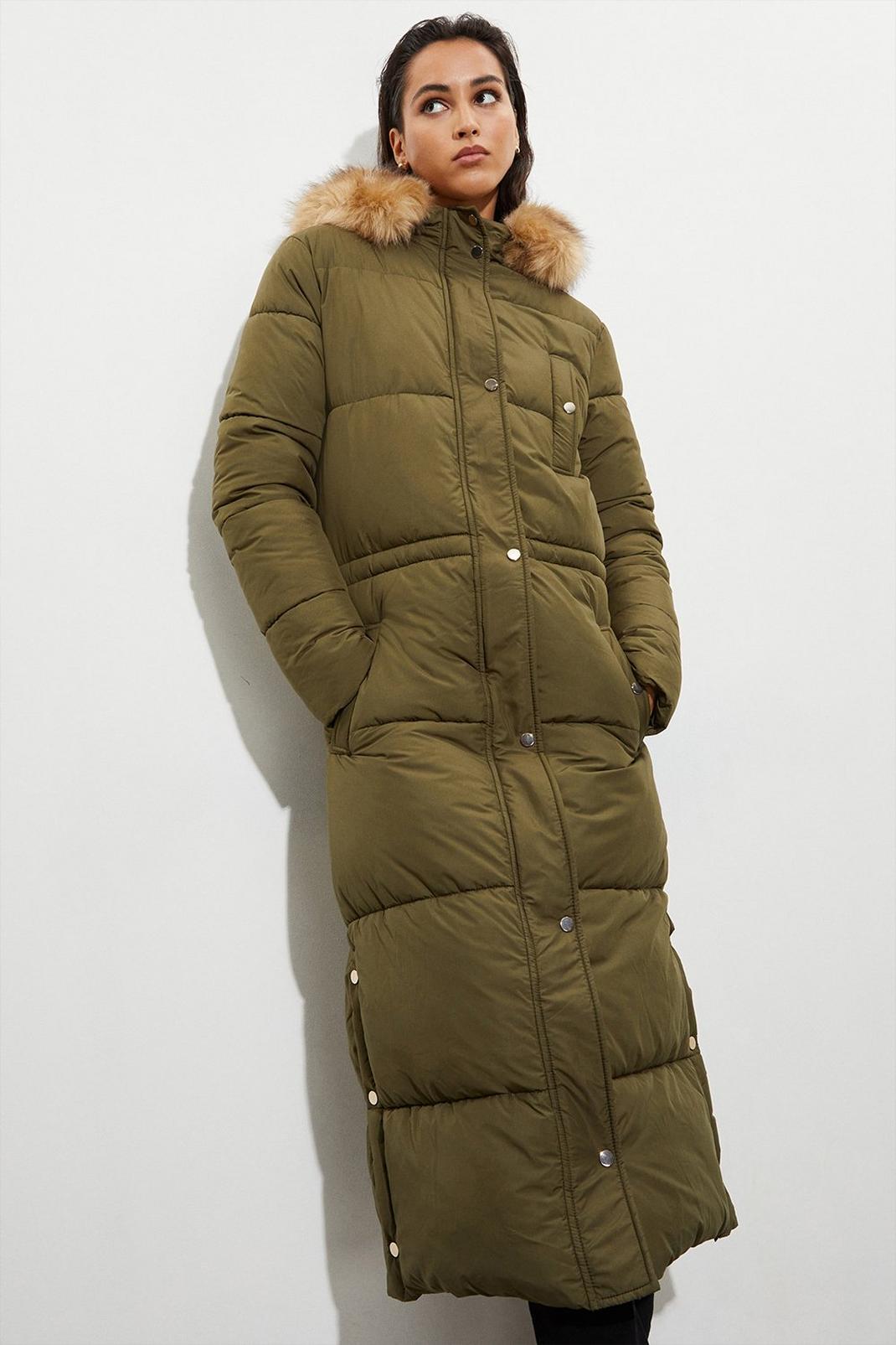 Khaki Tall Maxi Faux Fur Hood Padded Coat image number 1
