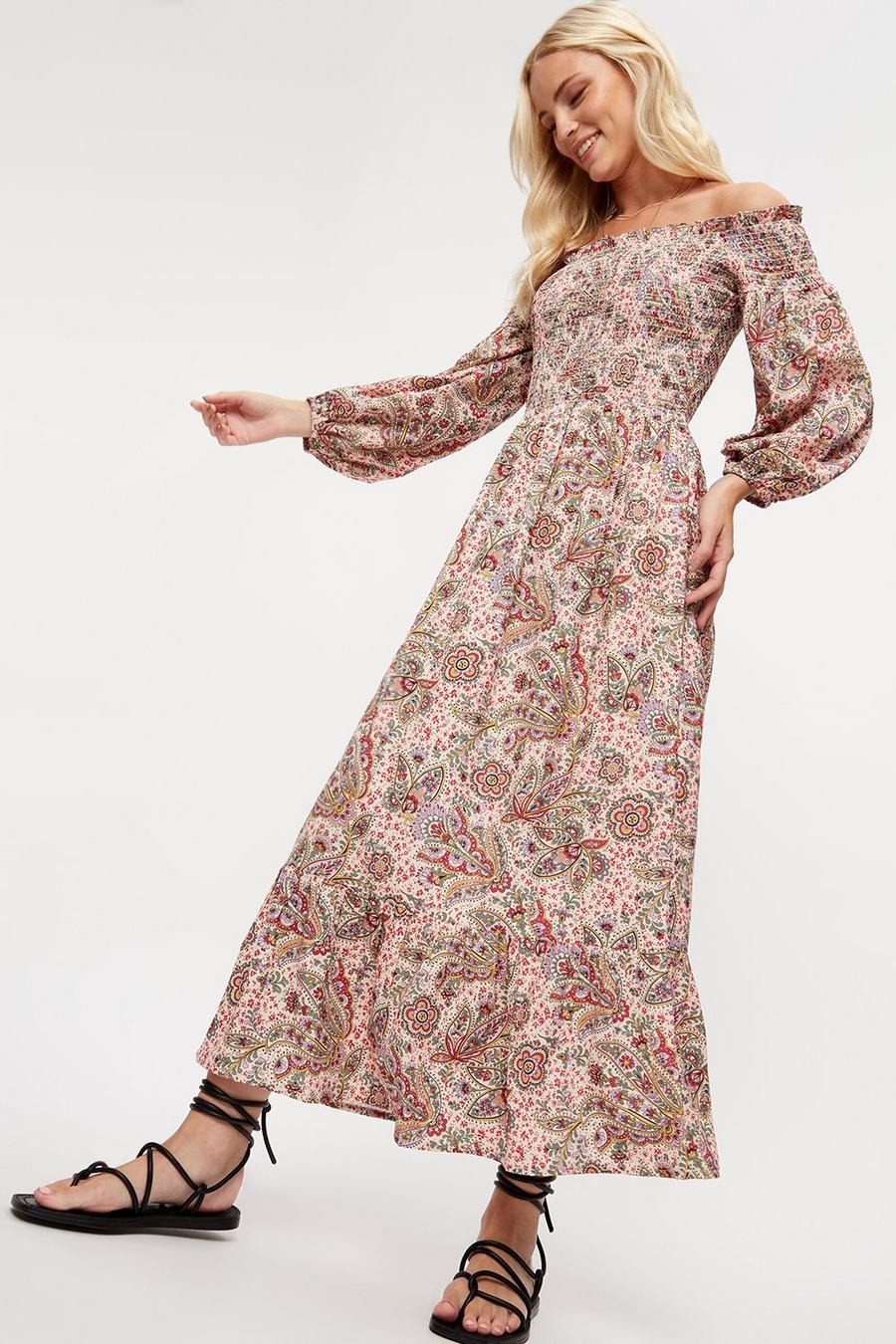 Paisley Shirred Bardot Midaxi Dress