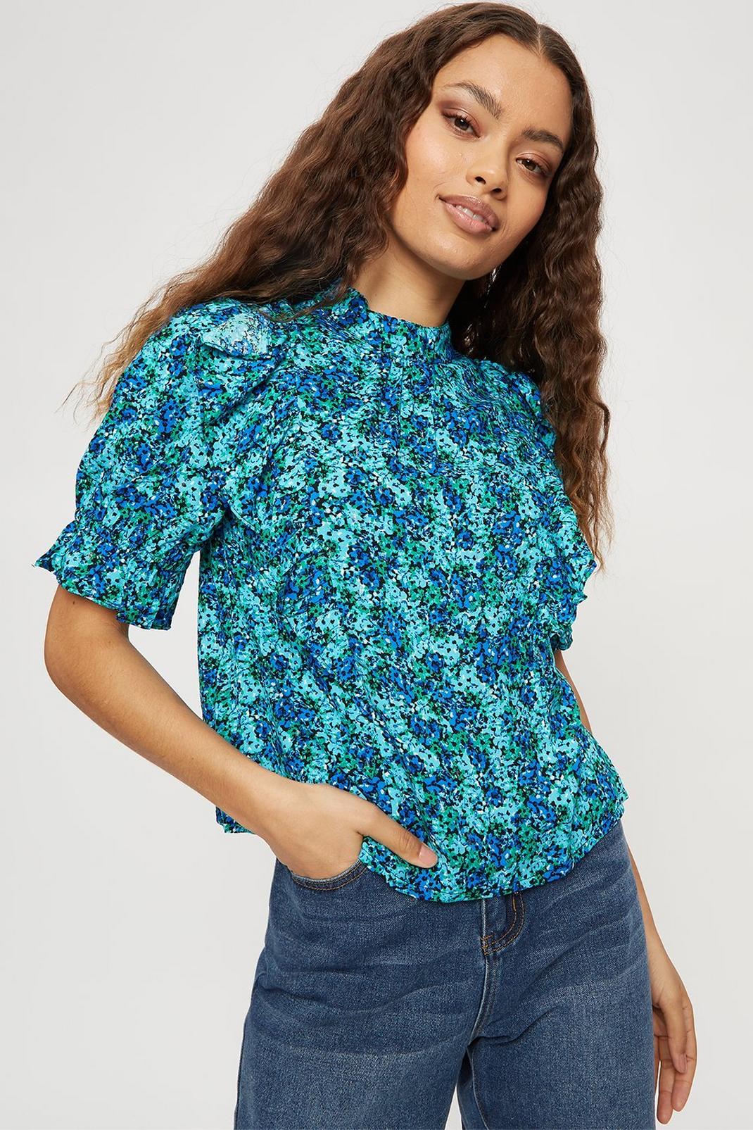 Petite Blue Ditsy Frill Front Top image number 1