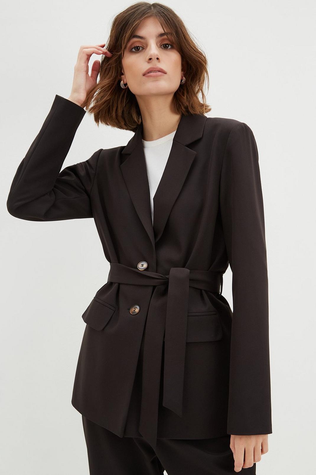 Black Tall Relaxed Belted Woven Blazer image number 1