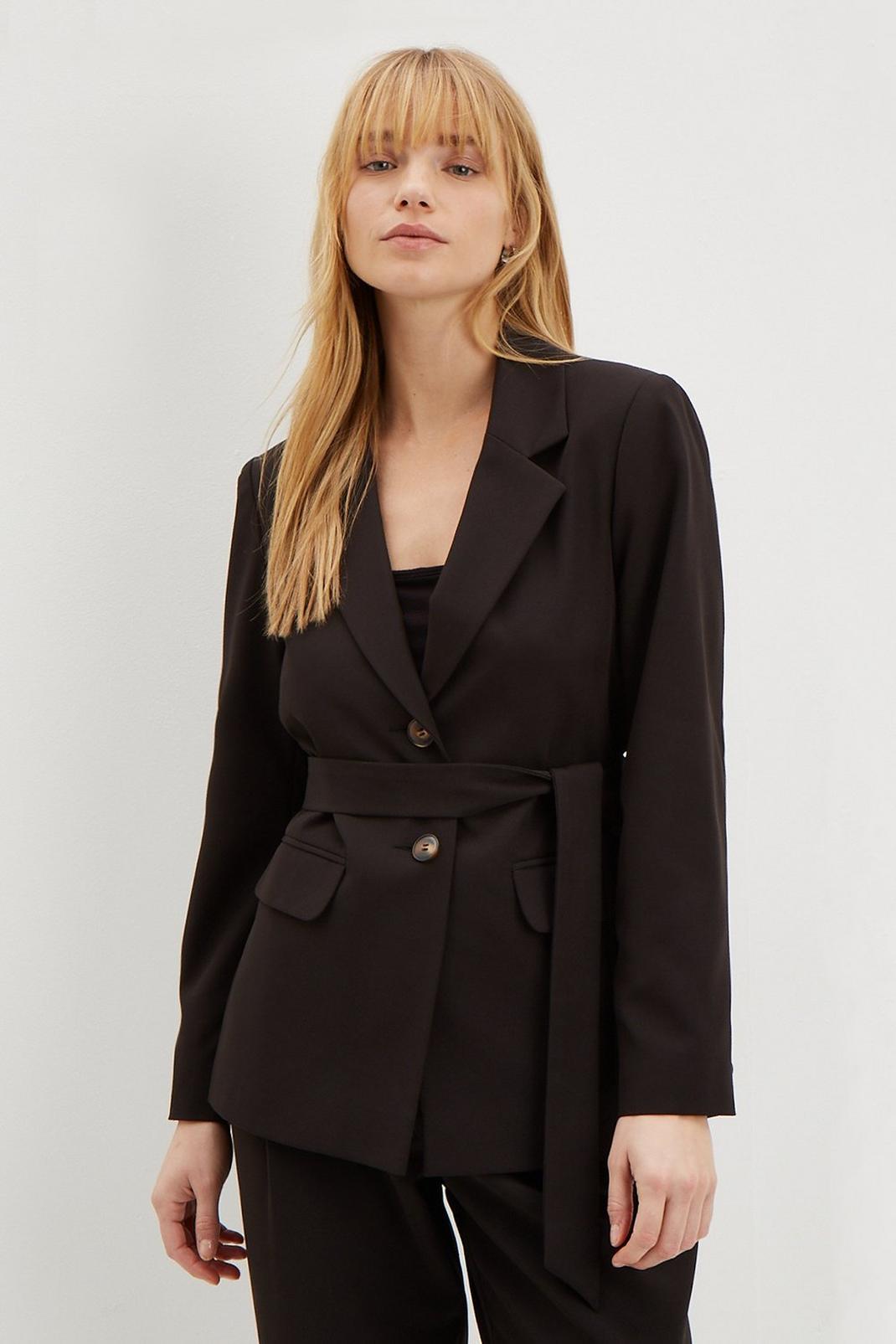 Black Petite Relaxed Belted Blazer image number 1