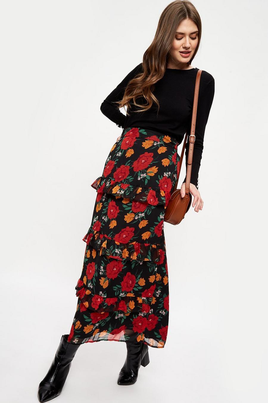 Tall Red Rose Chiffon Ruffle Midi Skirt