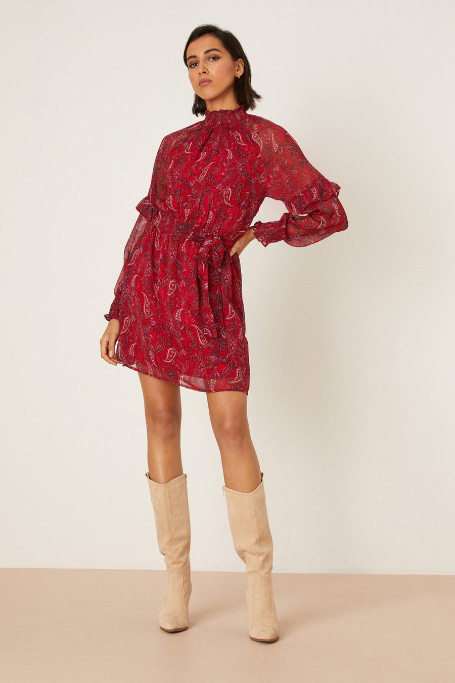 Tall Red Paisley Chiffon Ruffle Mini Dress