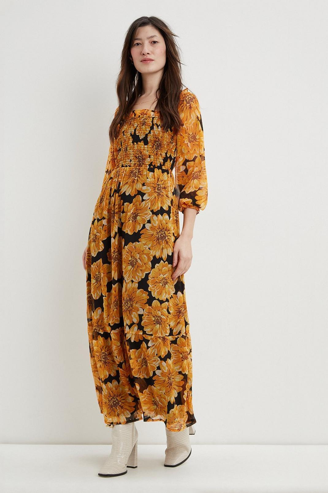 Yellow Ochre Floral Square Neck Shirred Midi Dress image number 1