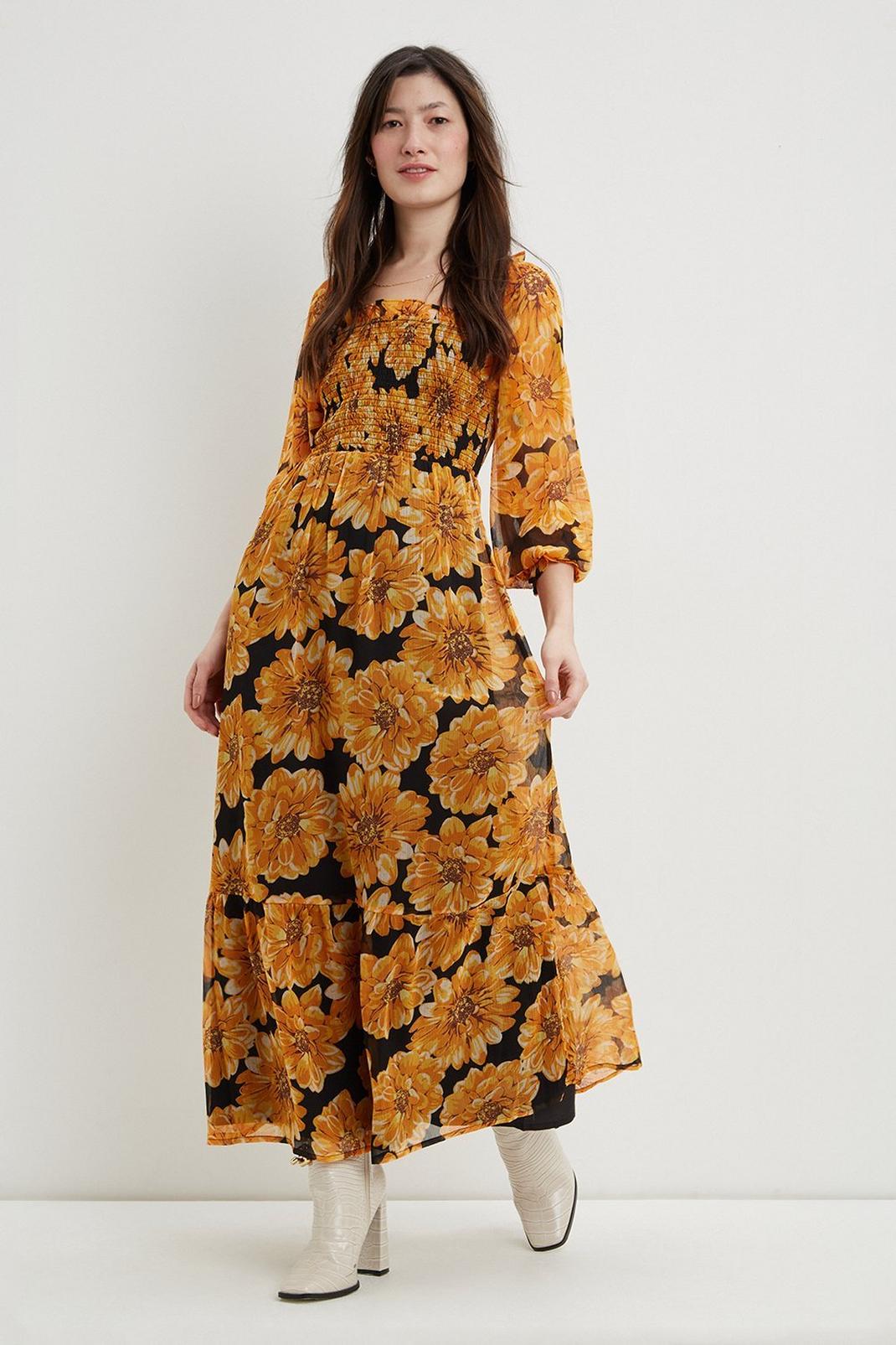 174 Yellow Floral Square Neck Shirred Midi Dress image number 2