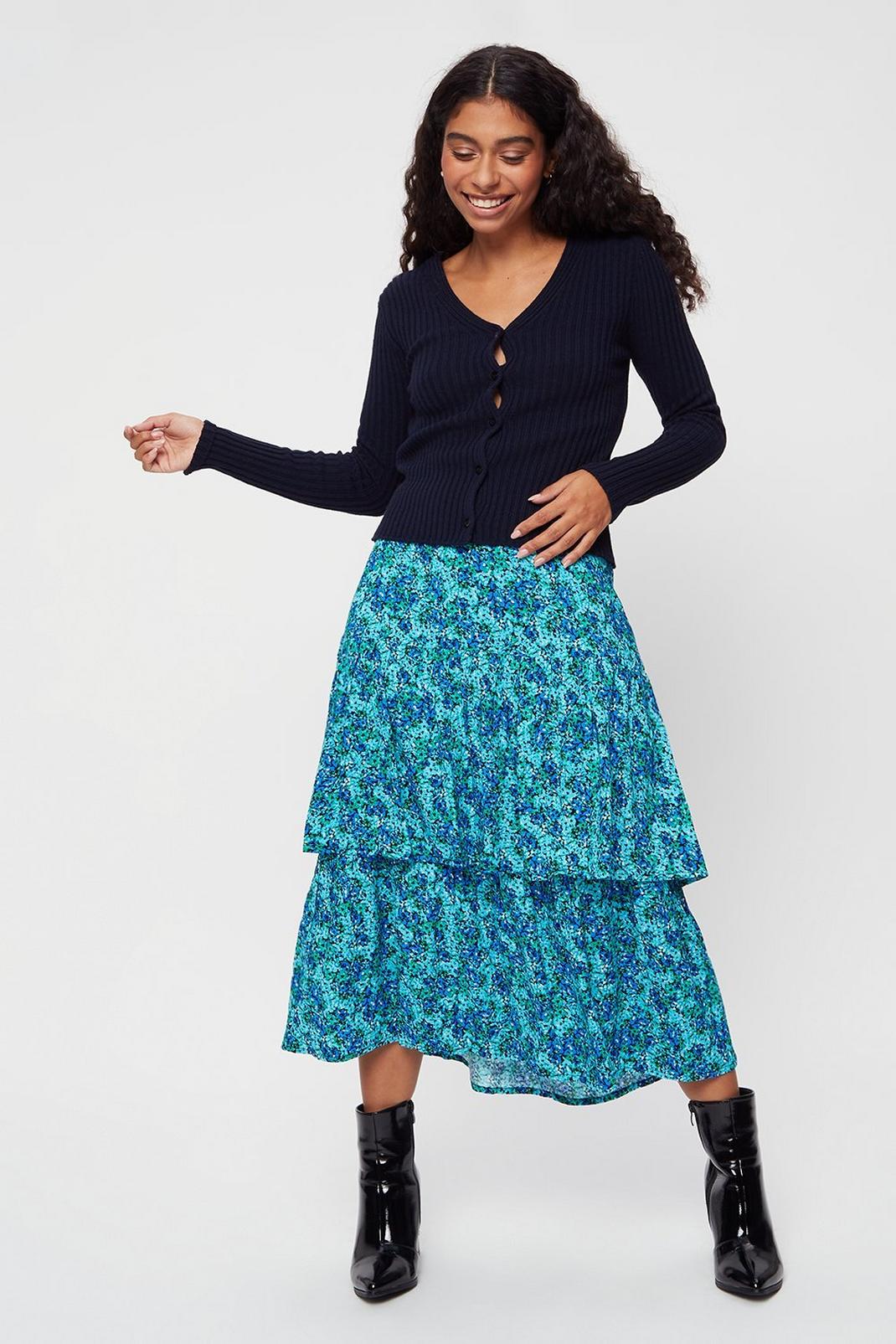Petite Blue Ditsy Tiered Frill Midi Skirt image number 1