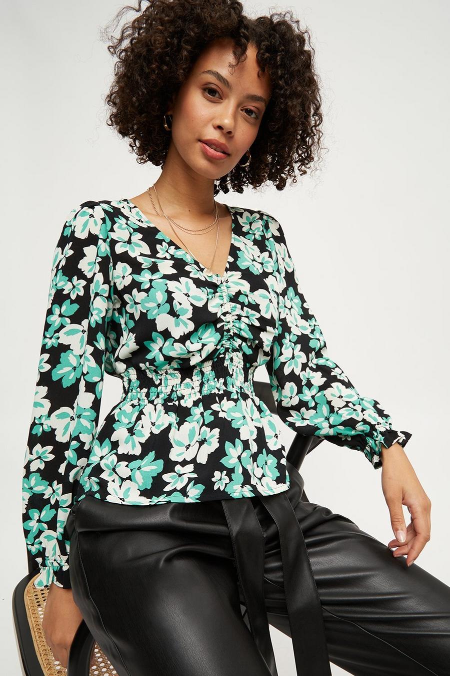 Green Floral Sweetheart Shirred Top