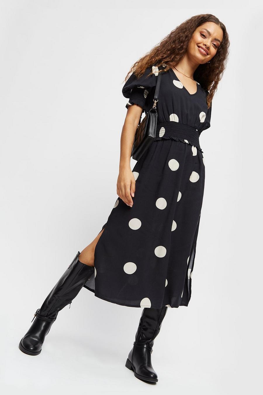 Petite Black Spot Shirred Waist Midi Dress