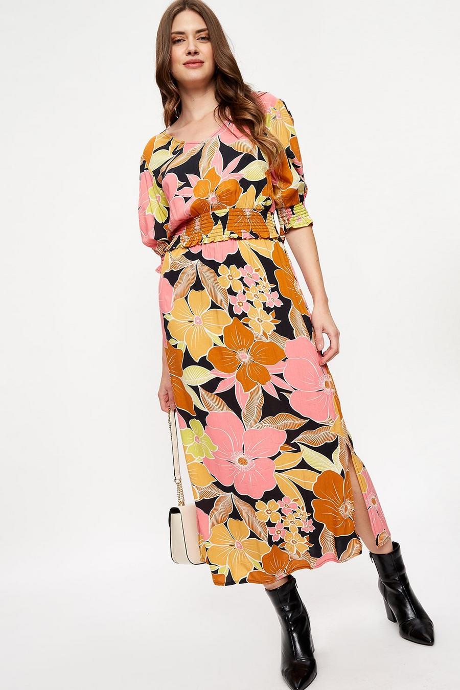 Tall Retro Floral Shirred Waist Midi Dress