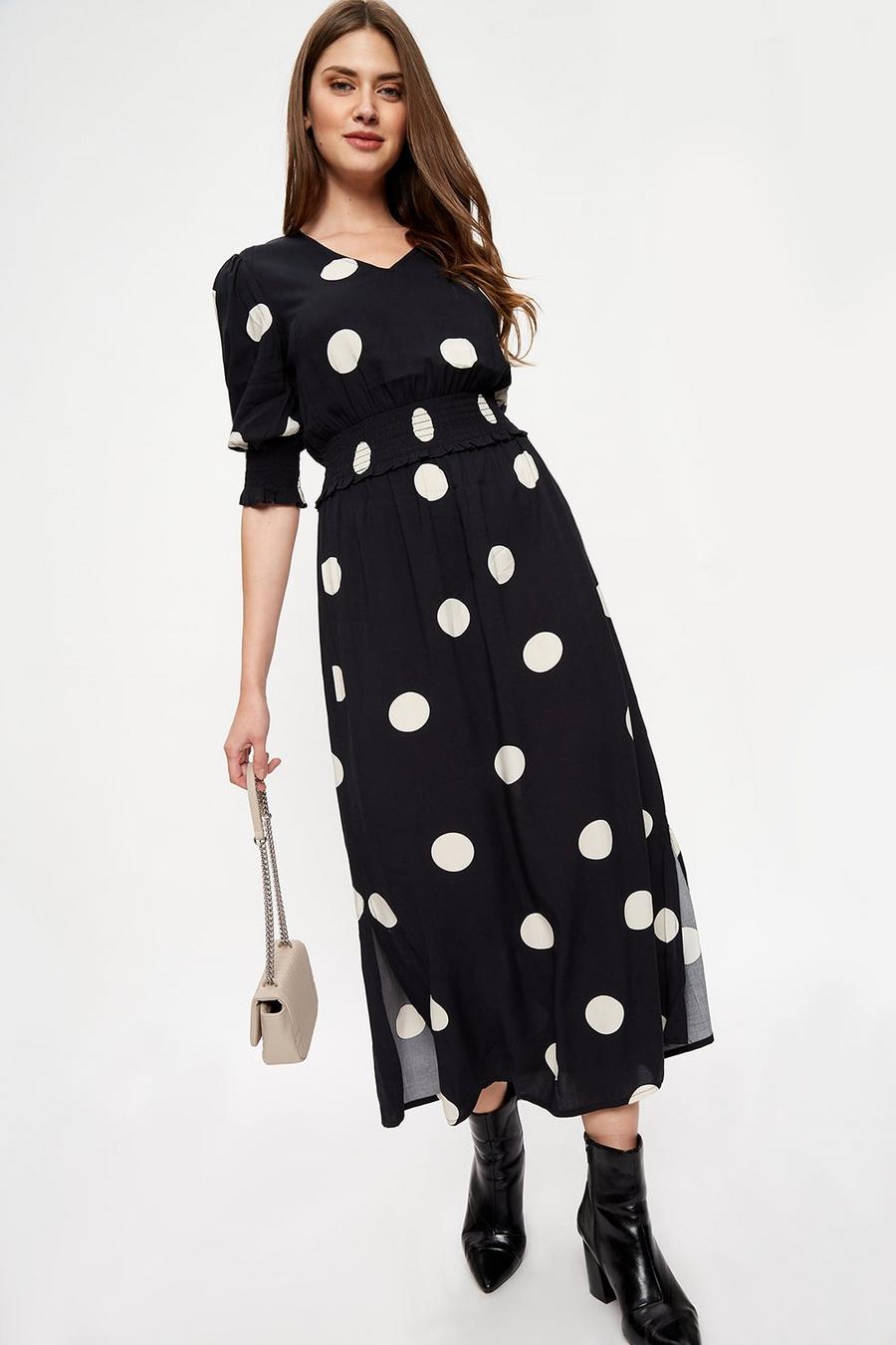 Tall Black Spot Shirred Waist Midi Dress