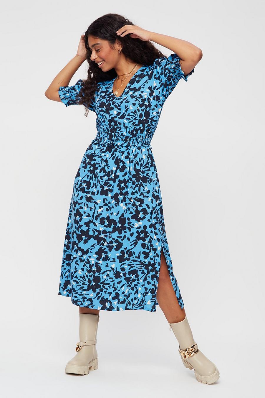 Petite Blue Print Shirred Waist Midi Dress
