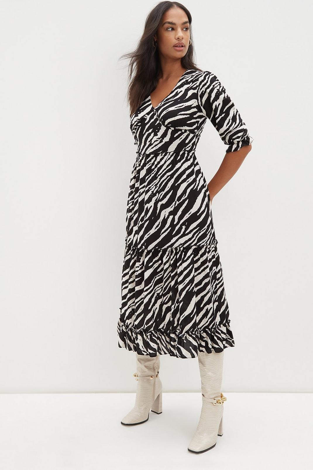 Black Mono Zebra Print Midi Dress image number 1