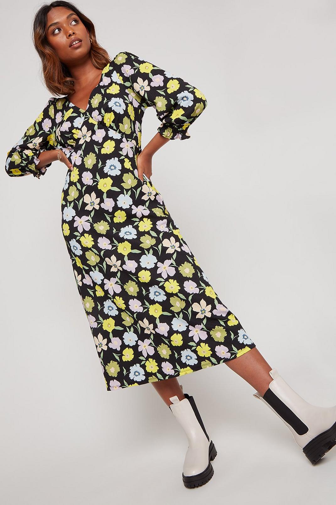 Large Floral Empire Seam Textured Midi Dress | Dorothy Perkins UK