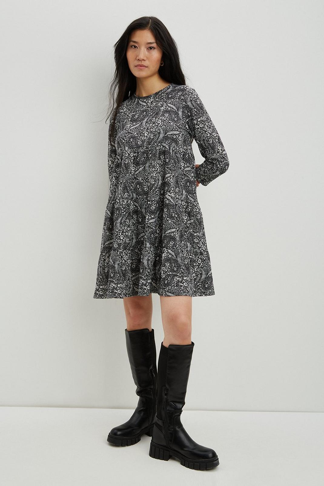 Black Paisley Tiered Textured Mini Dress image number 1