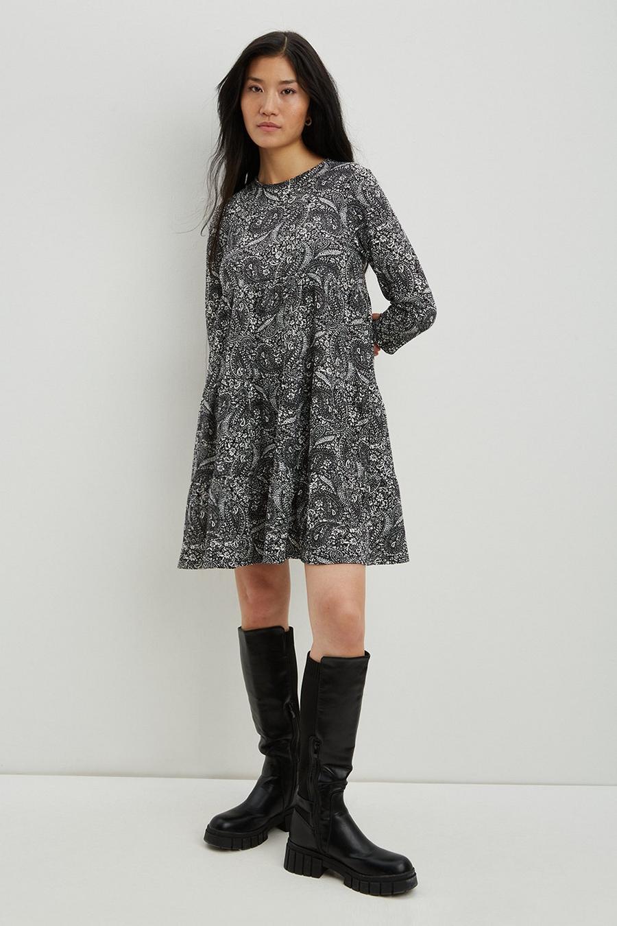 Black Paisley Tiered Textured Mini Dress
