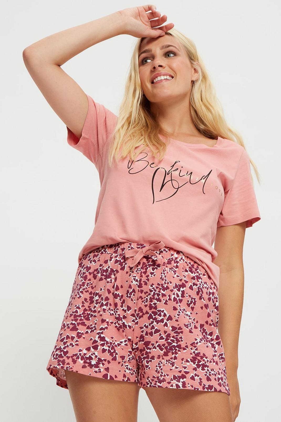 Bright pink Be Kind T-Shirt and Shorts Pyjama Set image number 1