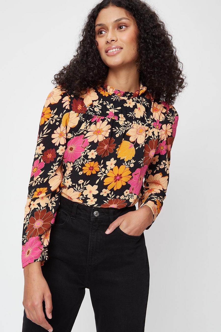 Floral Print Shirred High Neck Top