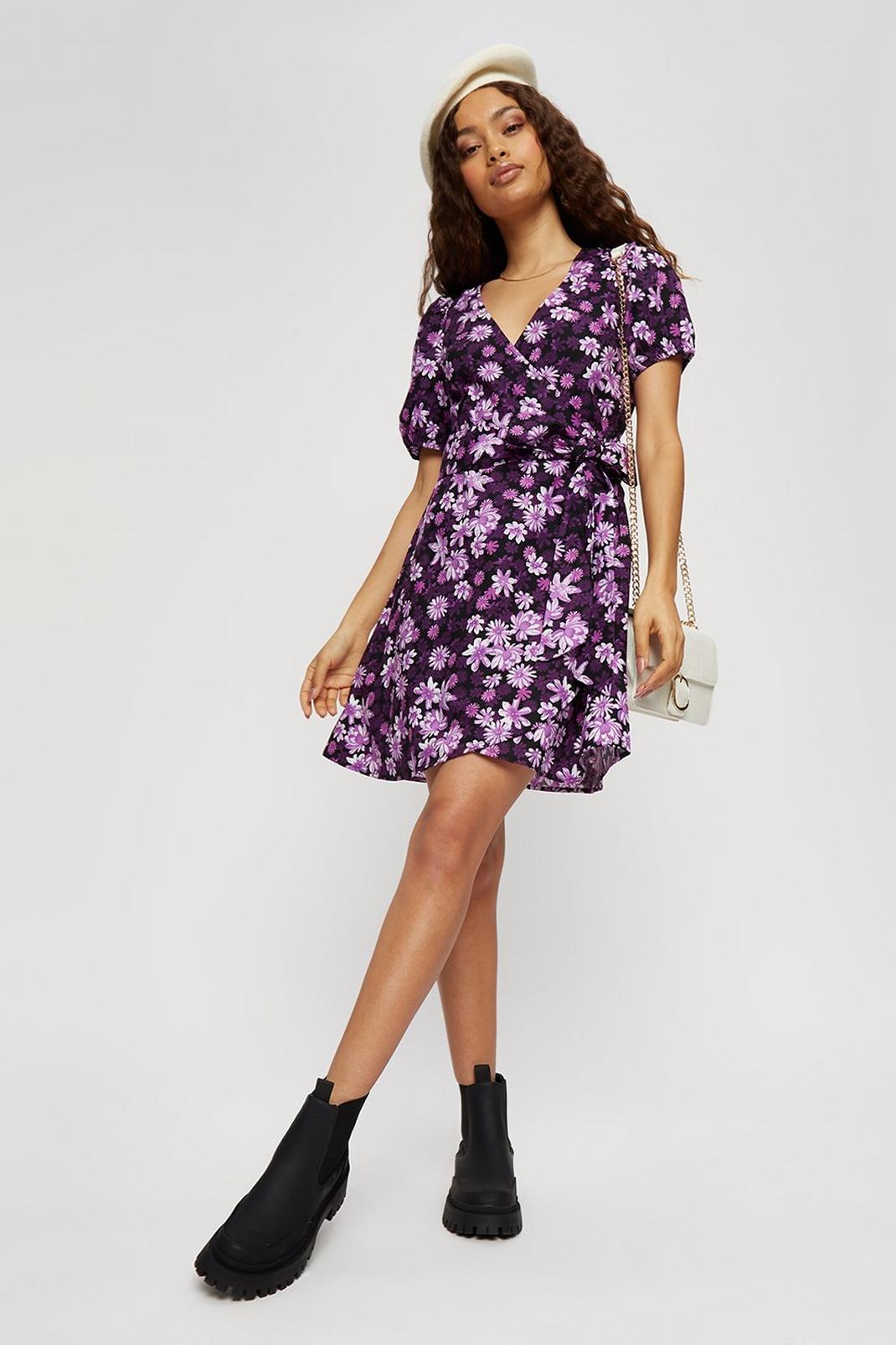 156 Petite Purple Floral Wrap Mini Dress  image number 2