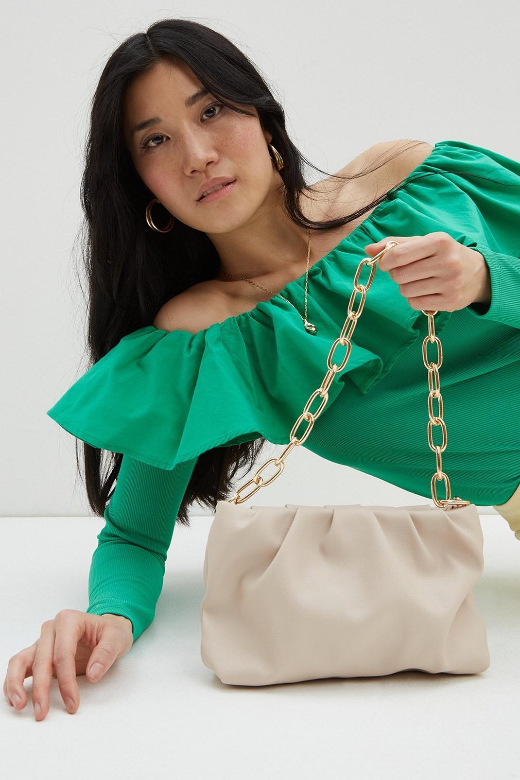 Off white Chain Handle Pleated Clutch image number 1