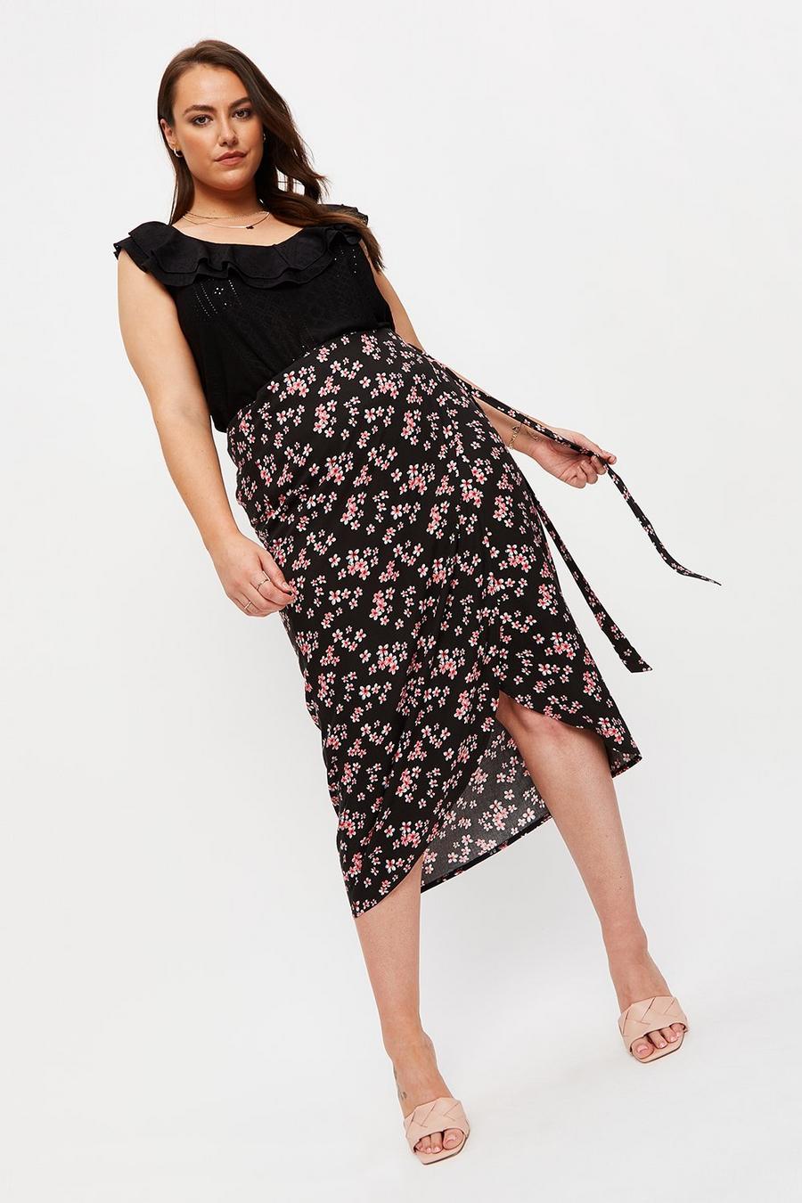 Curve Black Floral Wrap Over Midi Skirt