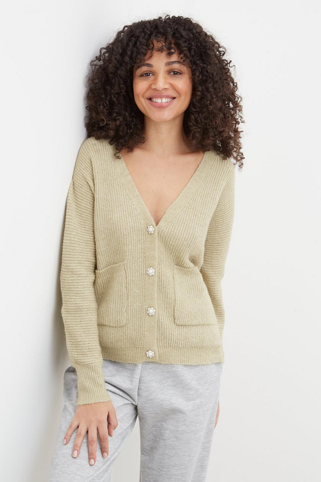 Sage Diamante Button Cardigan with Pocket image number 1