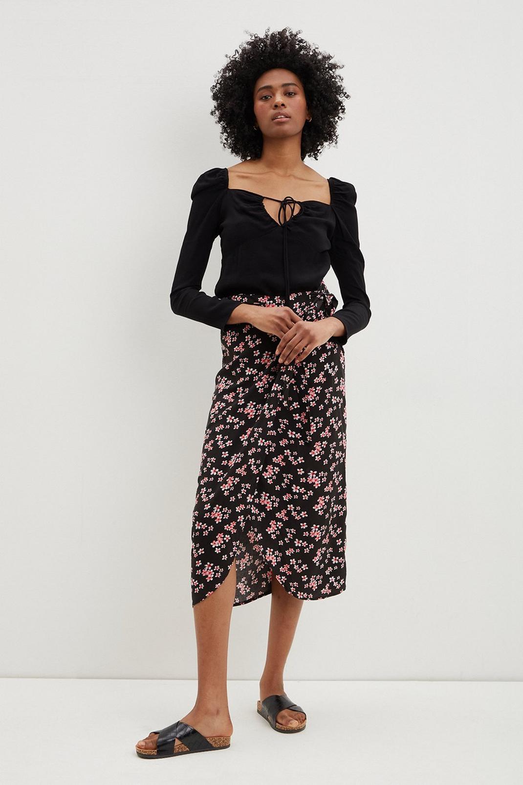 Tall Black Floral Wrap Over Skirt image number 1