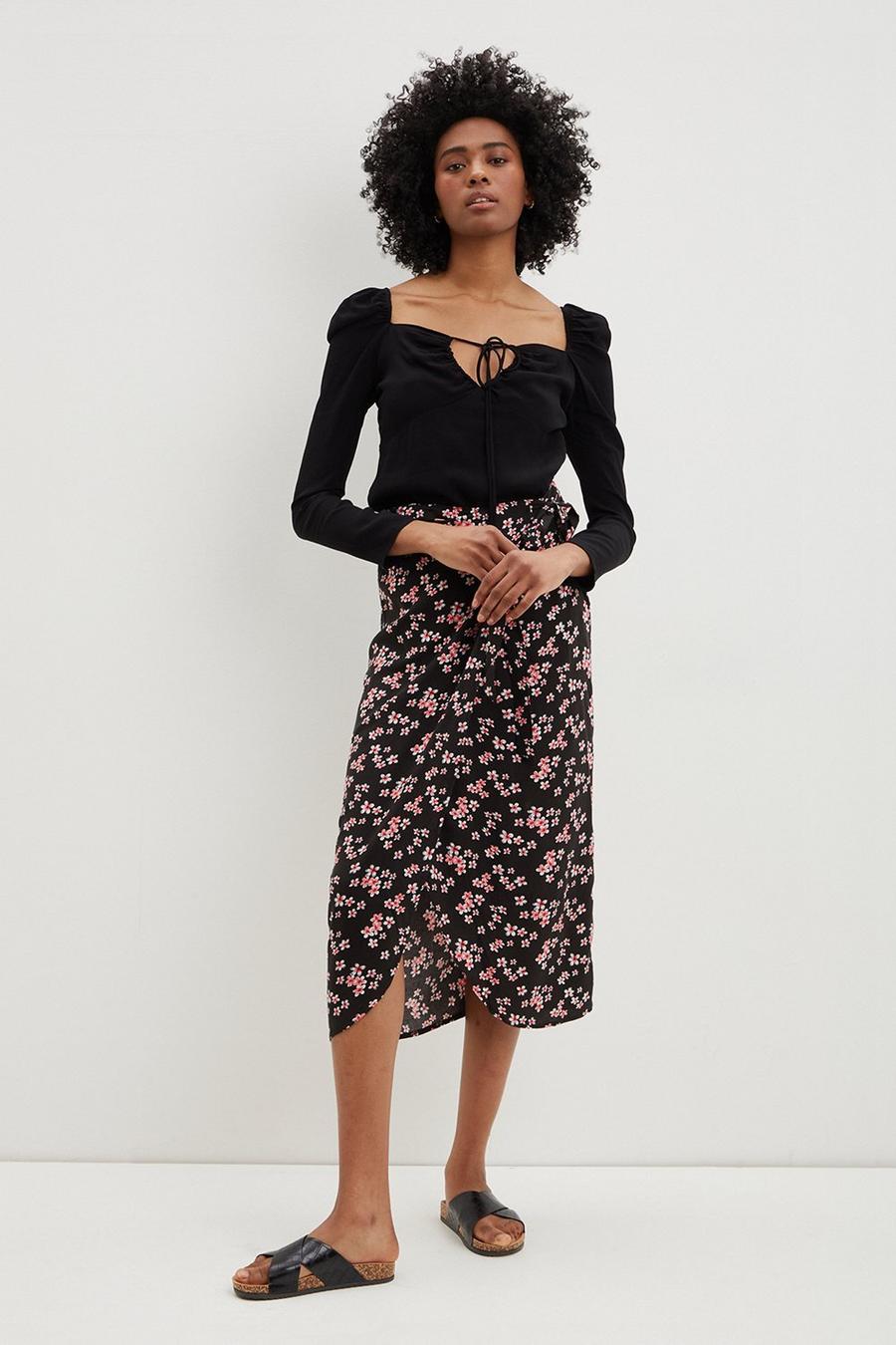 Tall Black Floral Wrap Over Skirt