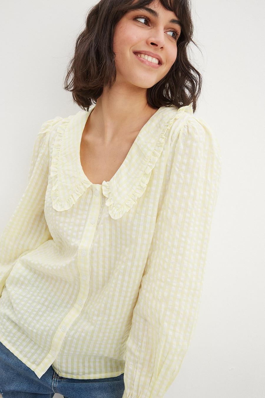 Tall Yellow Gingham Textured Collar Top