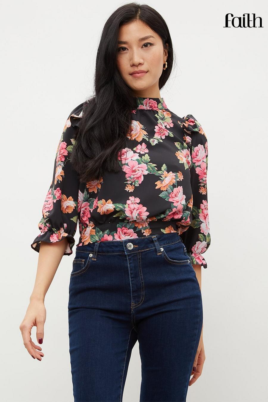 Black Floral Ruffle Top