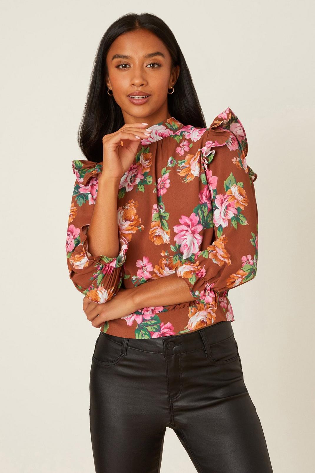 Petite Rust Floral Ruffle Top image number 1
