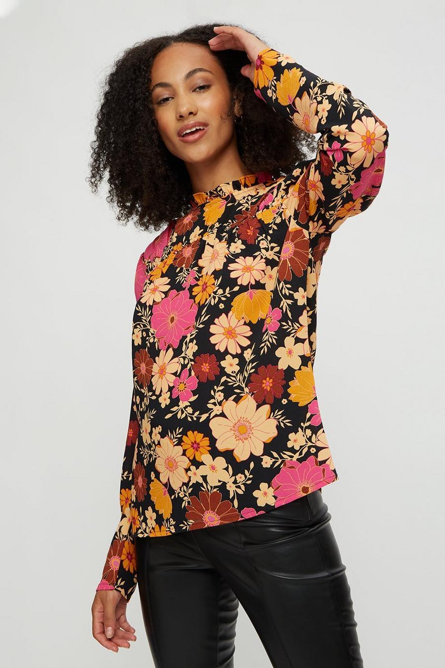 Tall Floral Print Shirred High Neck Top