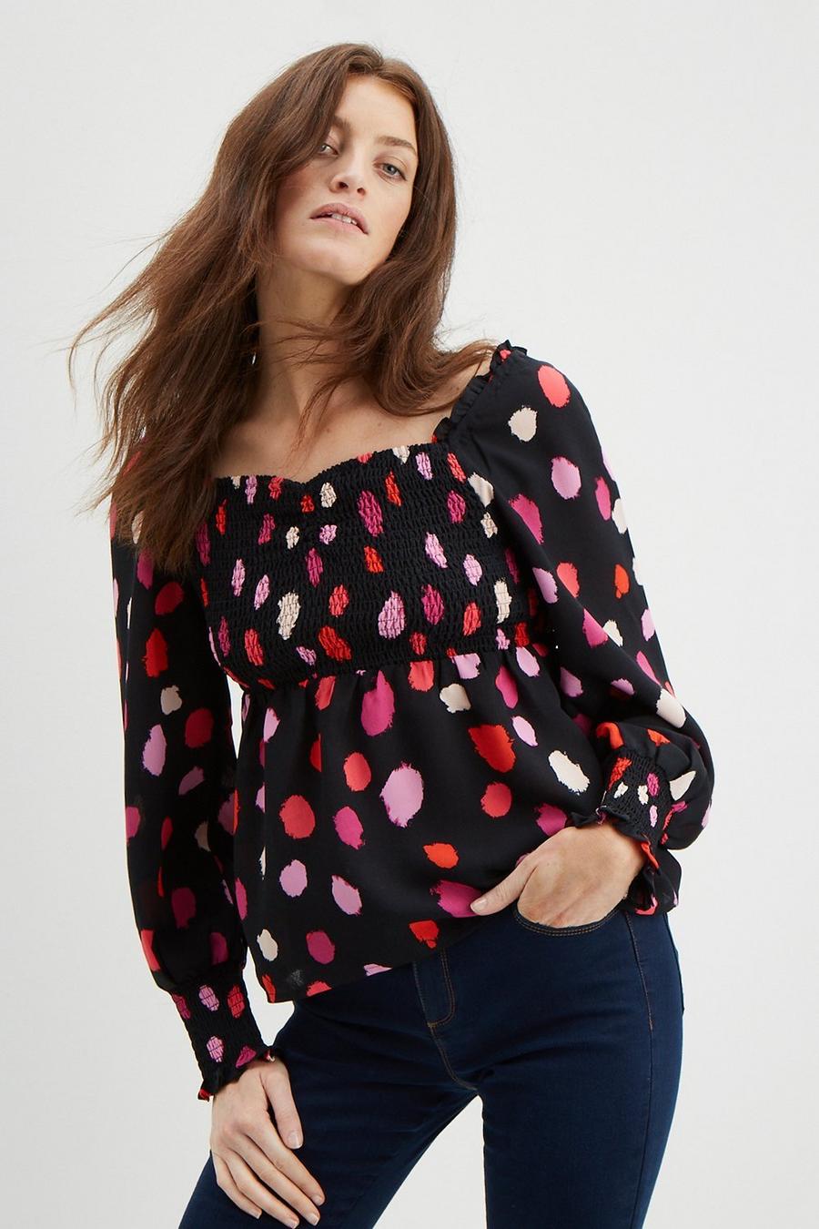 Tall Red Pink Spot Shirred Top