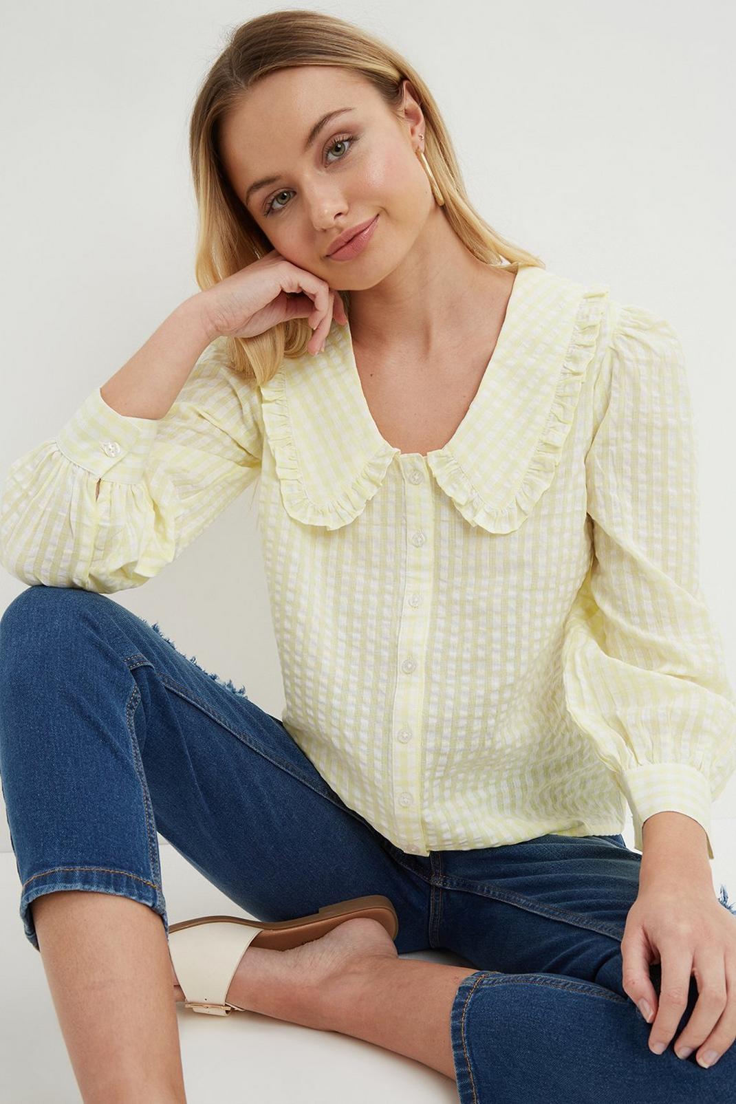 Petite Yellow Gingham Textured Collar Top image number 1