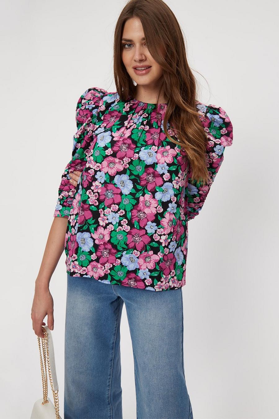 Tall Purple Floral 3/4 Puff Sleeve Top