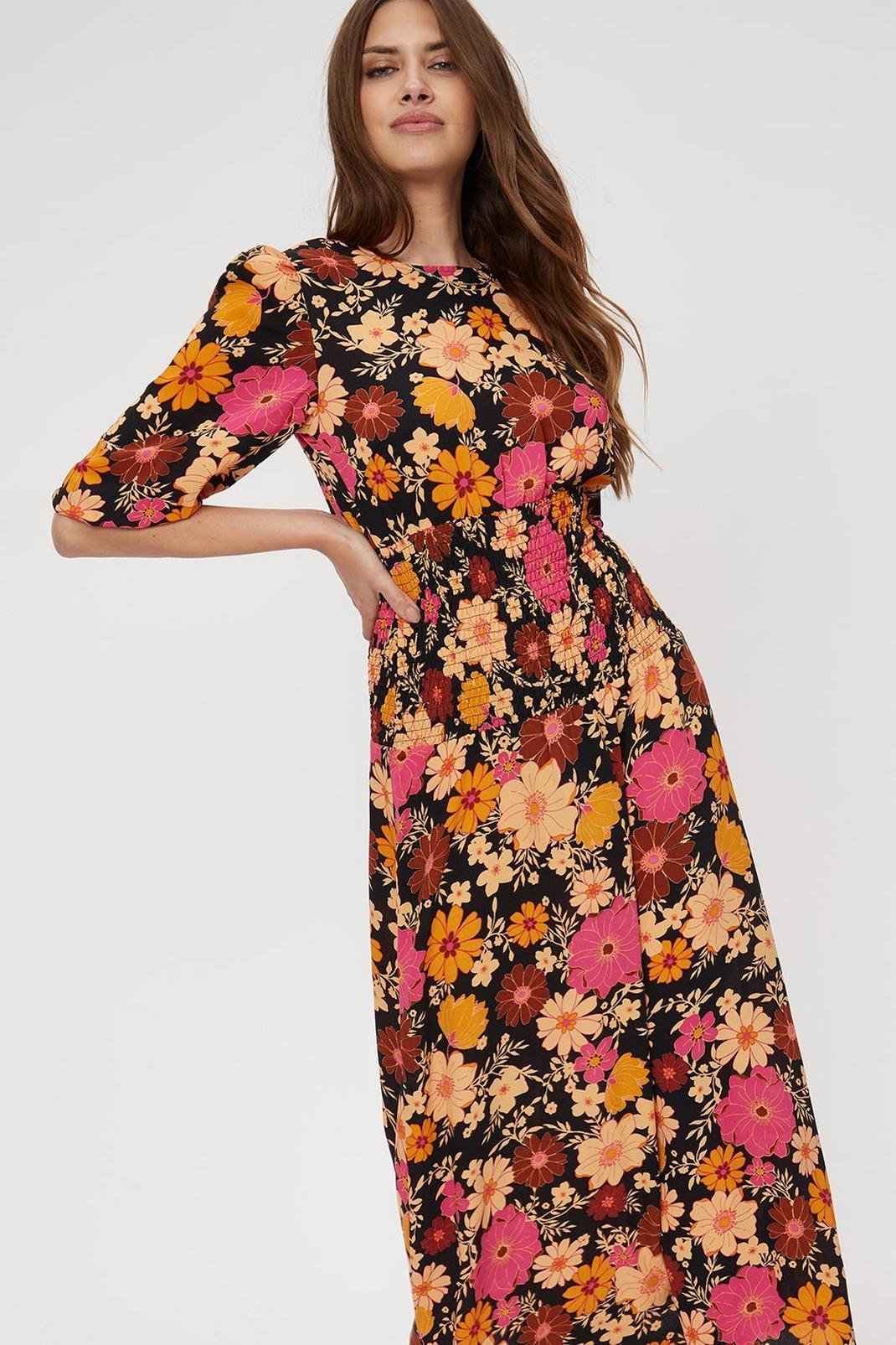 Tall Pink Brown Floral Shirred Midi Dress image number 1