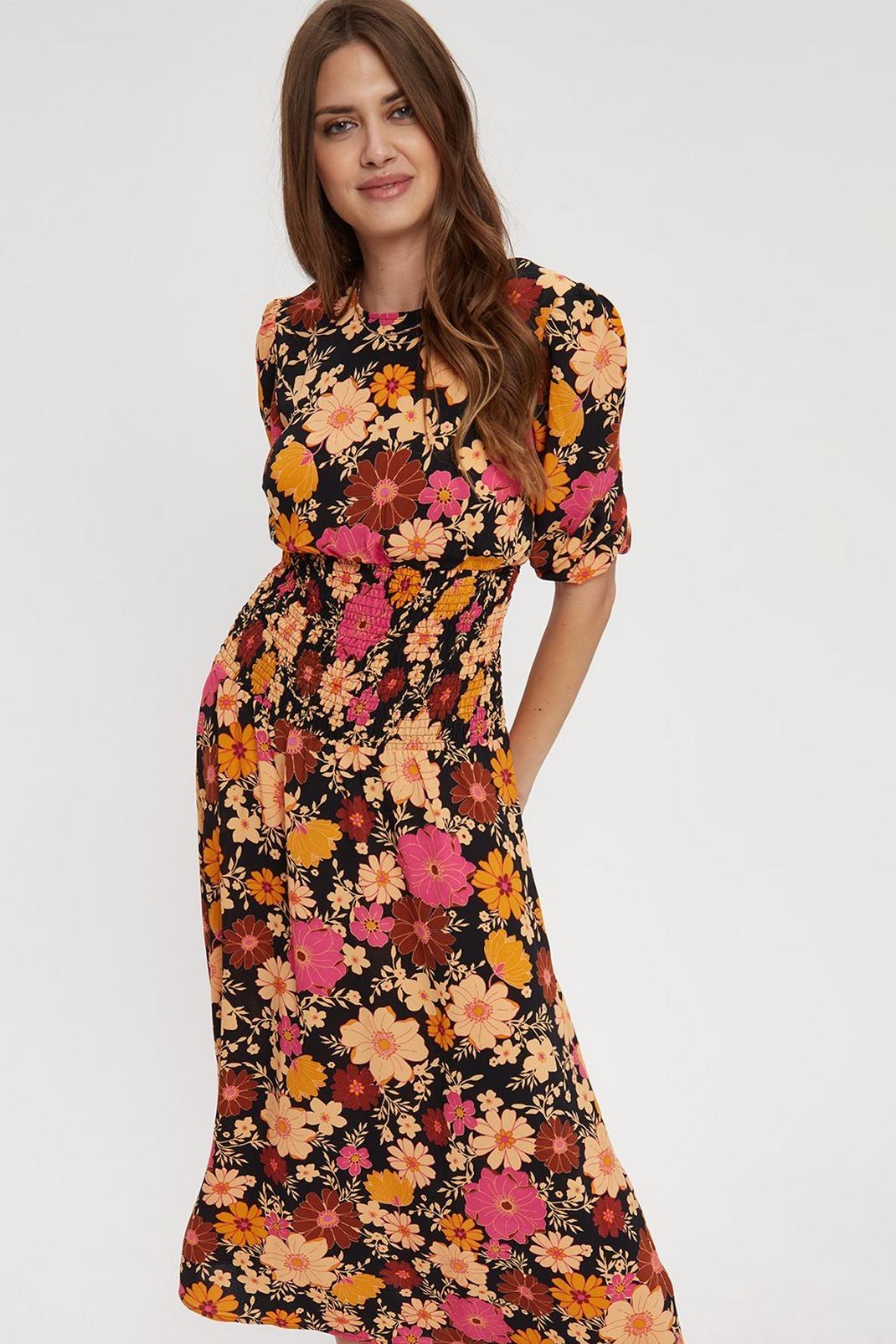 155 Tall Pink Brown Floral Shirred Midi Dress  image number 2