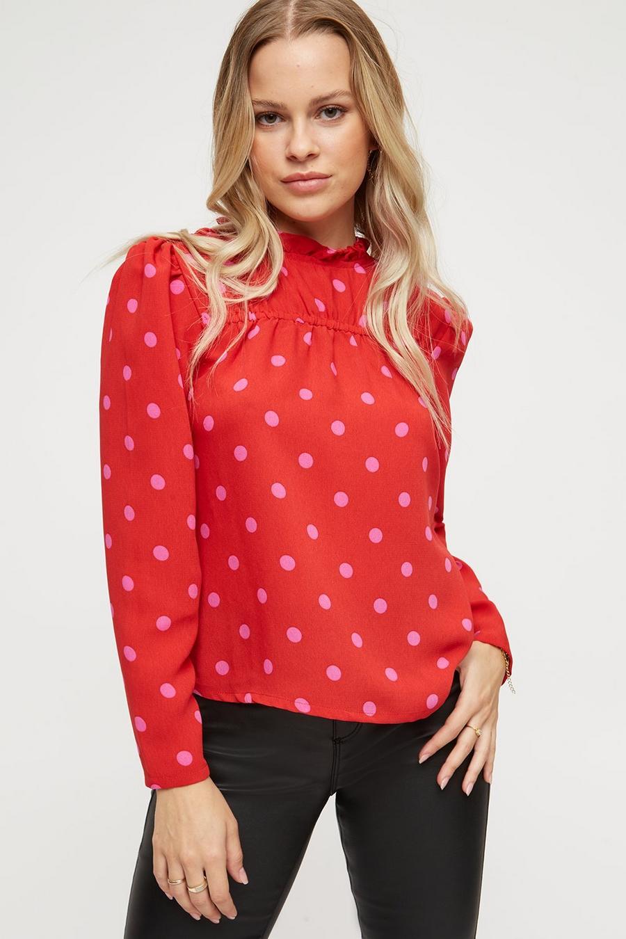 Petite Red Spot Shirred High Neck Top