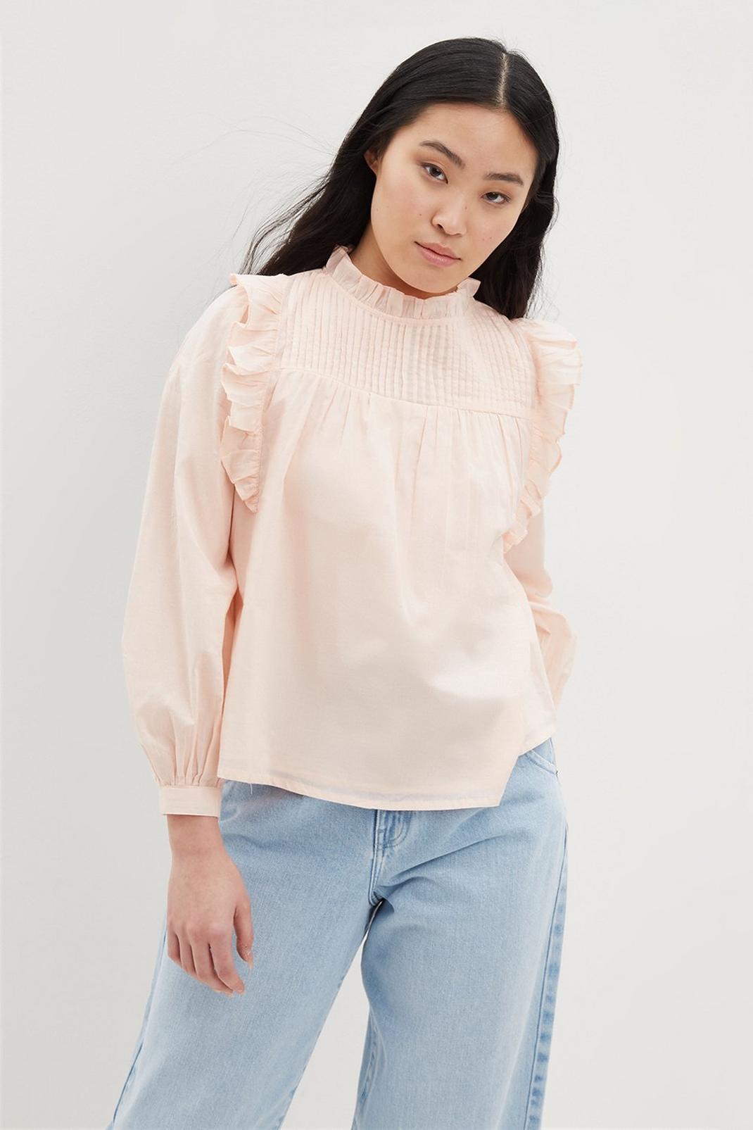 Petite Neutral Pintuck Frill Blouse image number 1