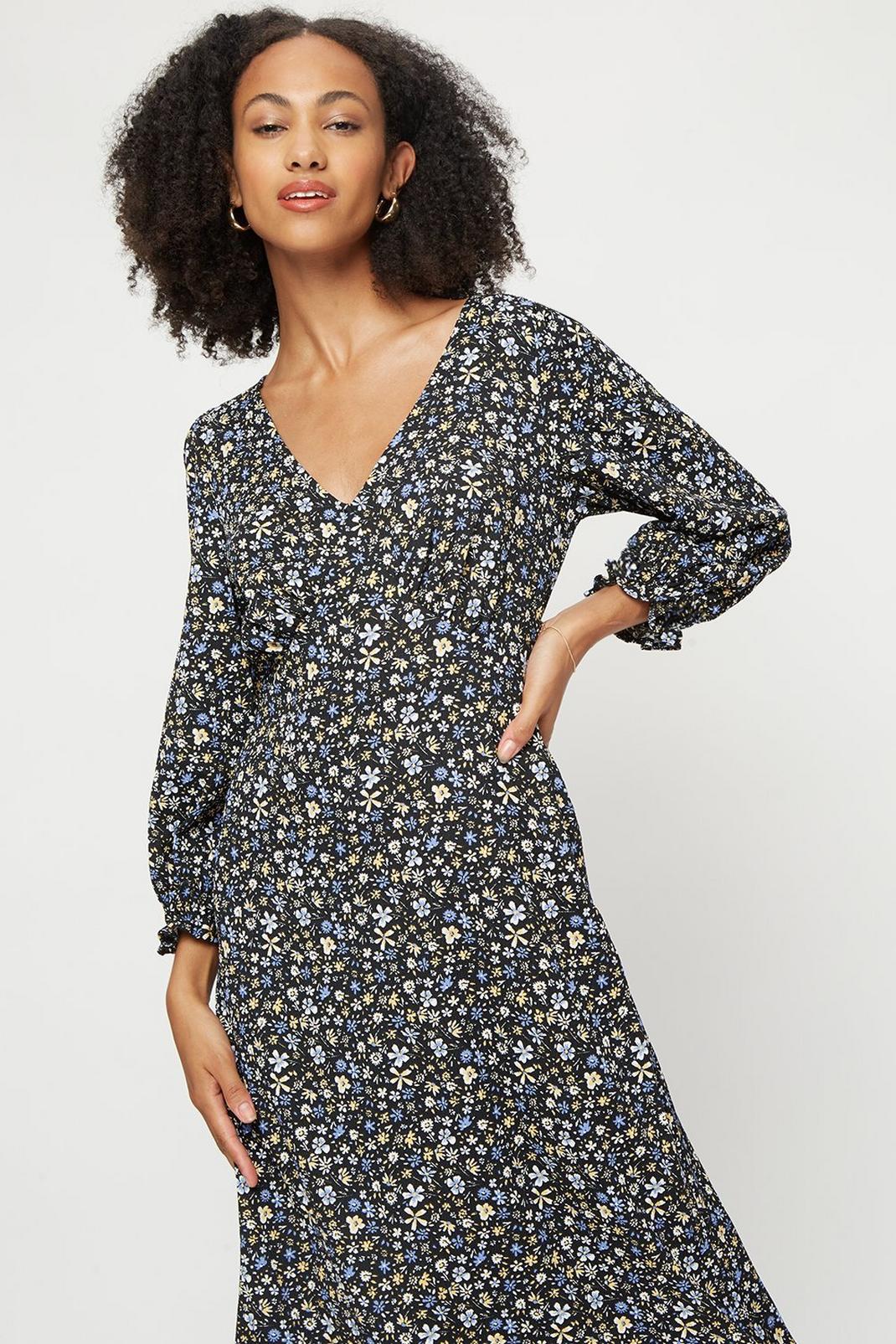 Multi Tall Ditsy Floral Empire 3q Sleeve Midi Dress image number 1