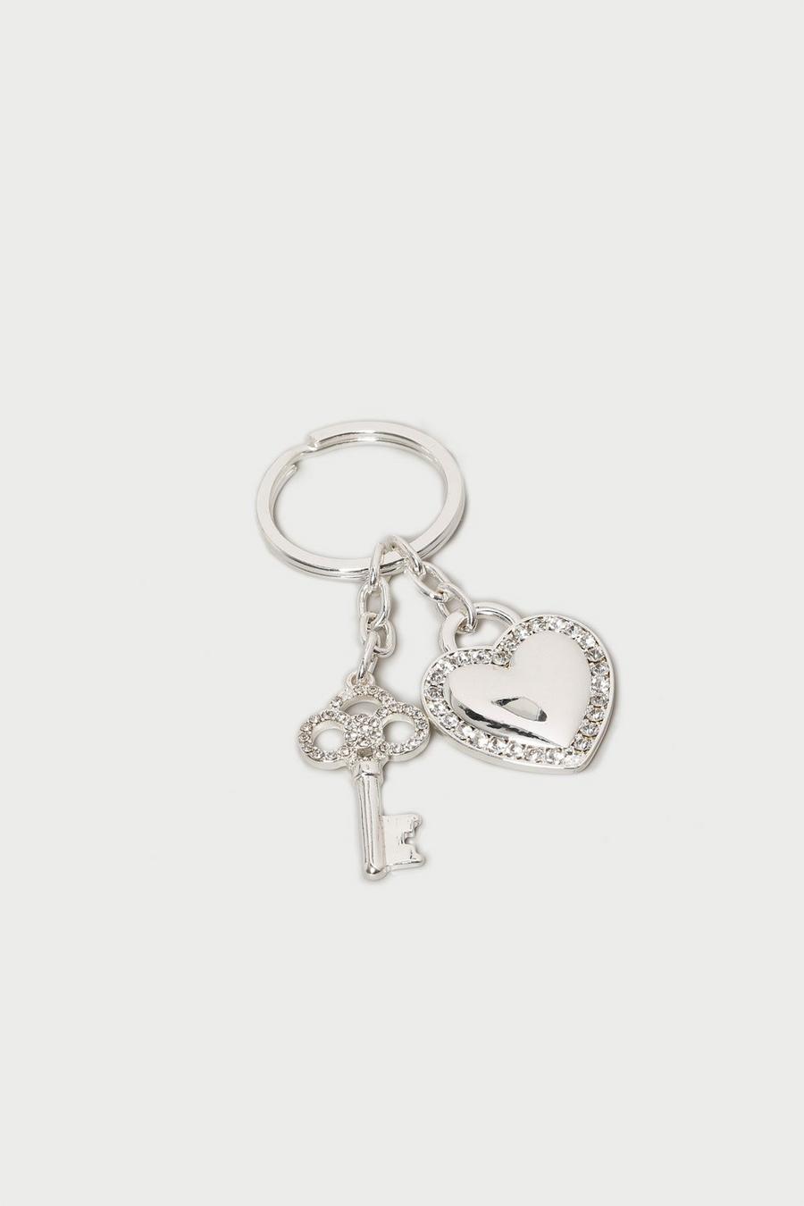 Silver Heart And Key Charm Key Ring