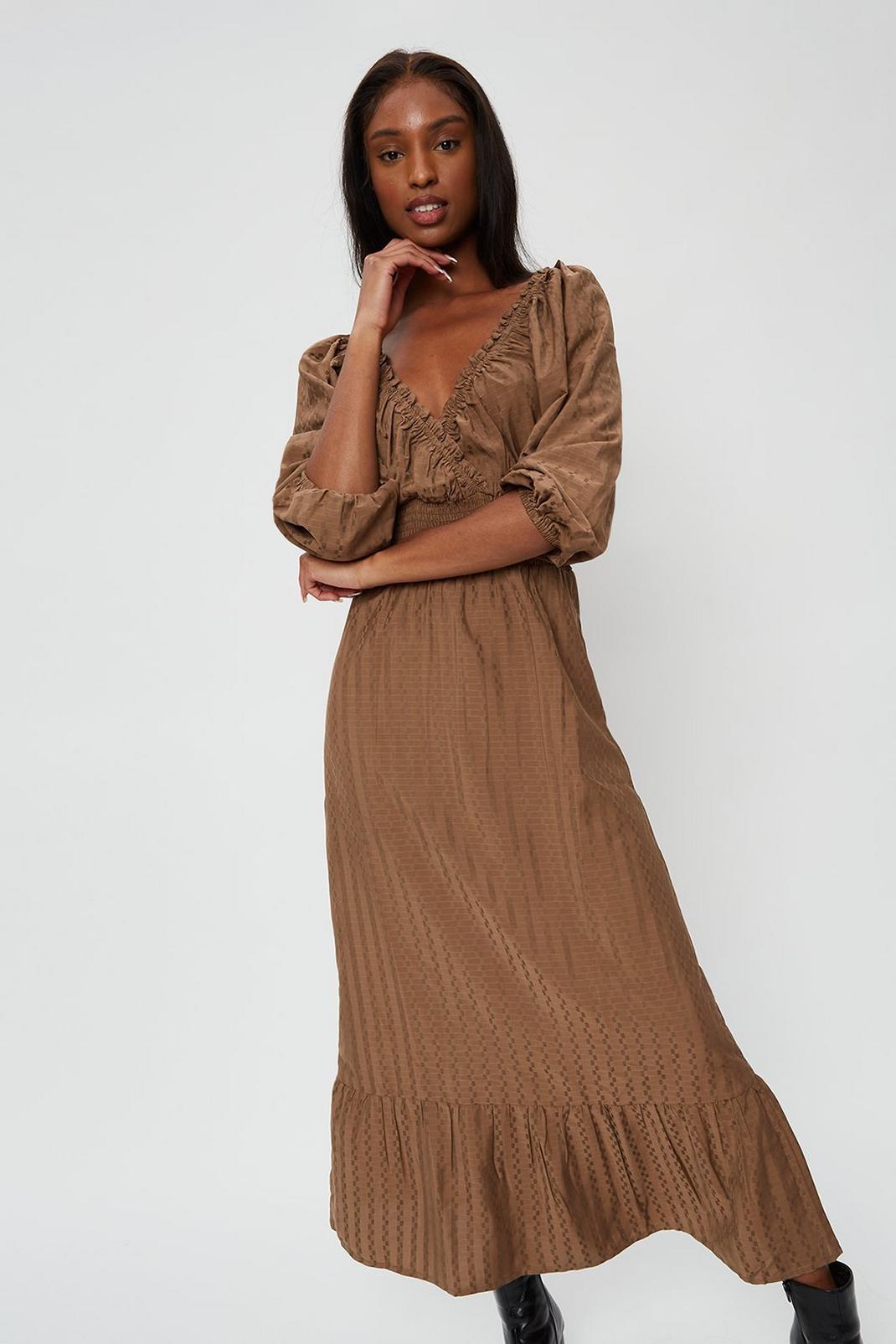 Tall Chocolate Textured Wrap Midi Dress image number 1