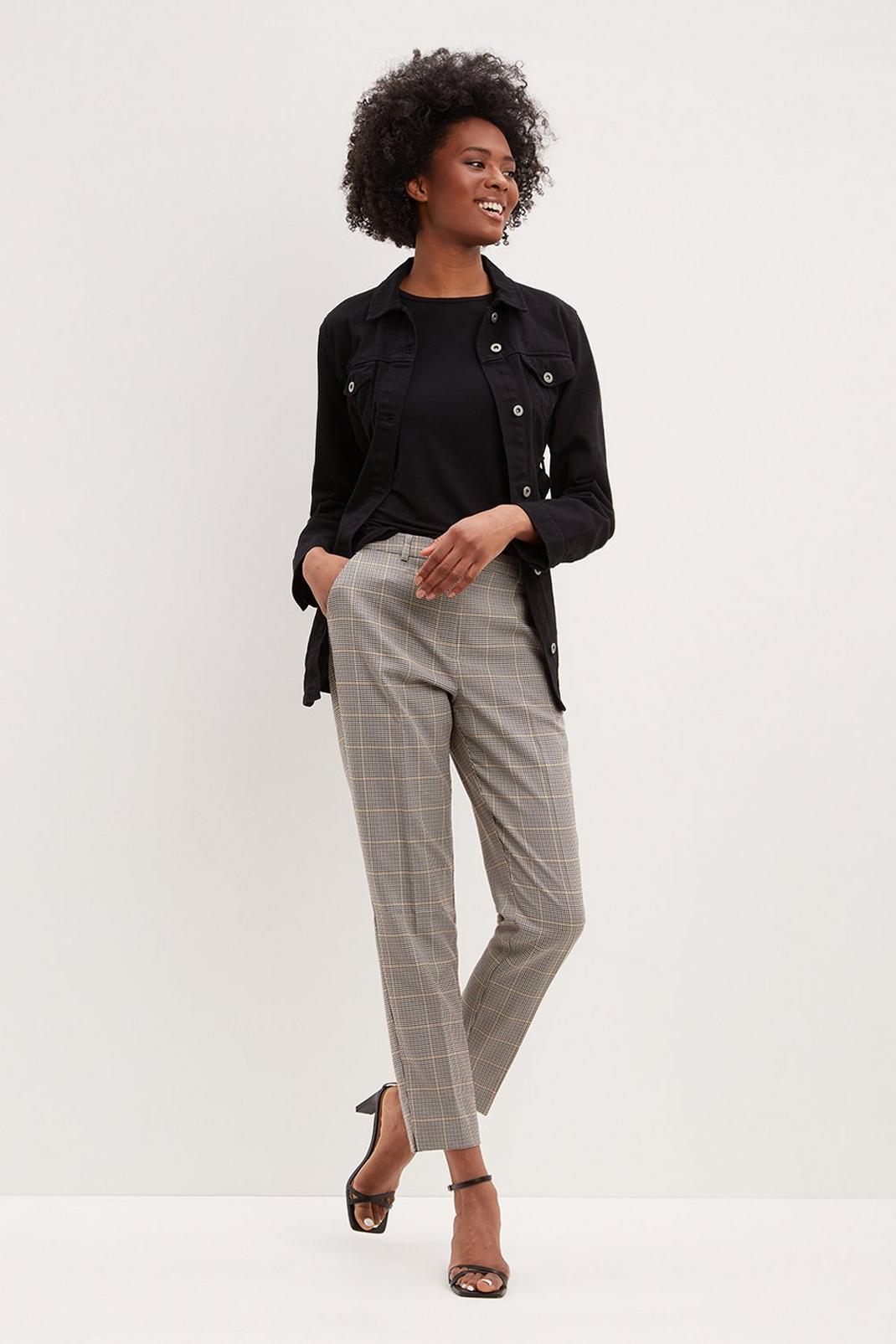 585 Tall Grey and Ochre Check Ankle Grazer Trousers image number 1