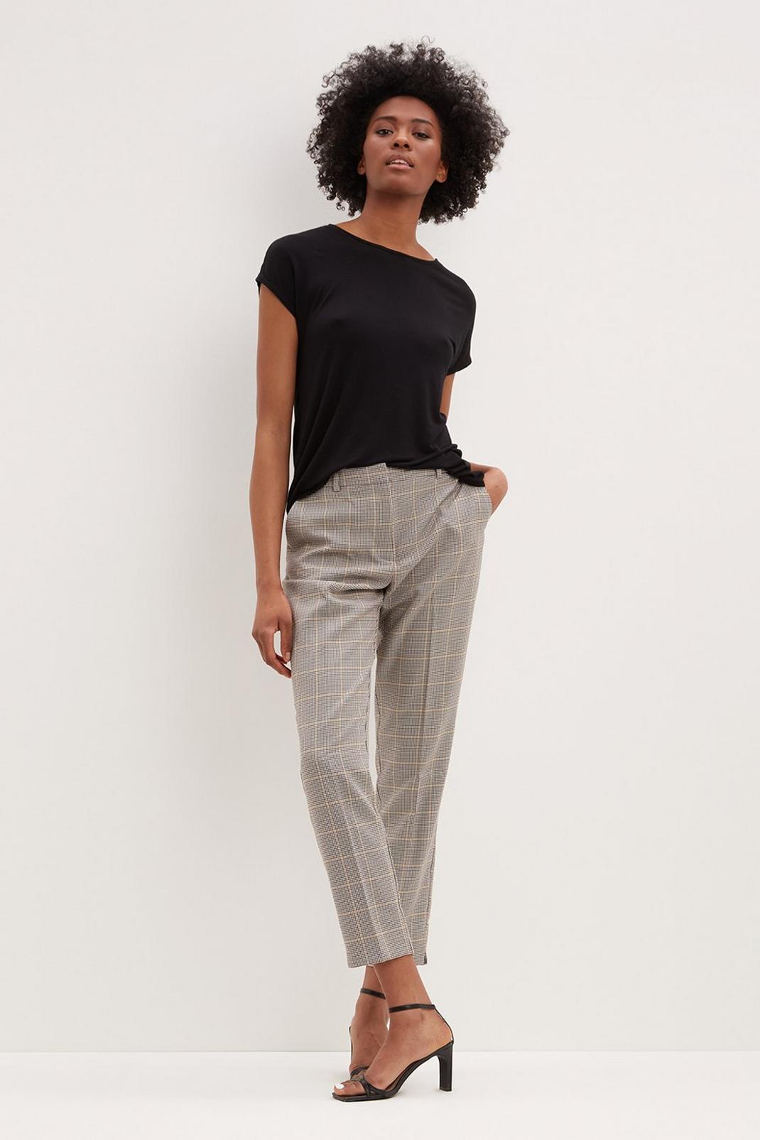 585 Tall Grey and Ochre Check Ankle Grazer Trousers image number 2